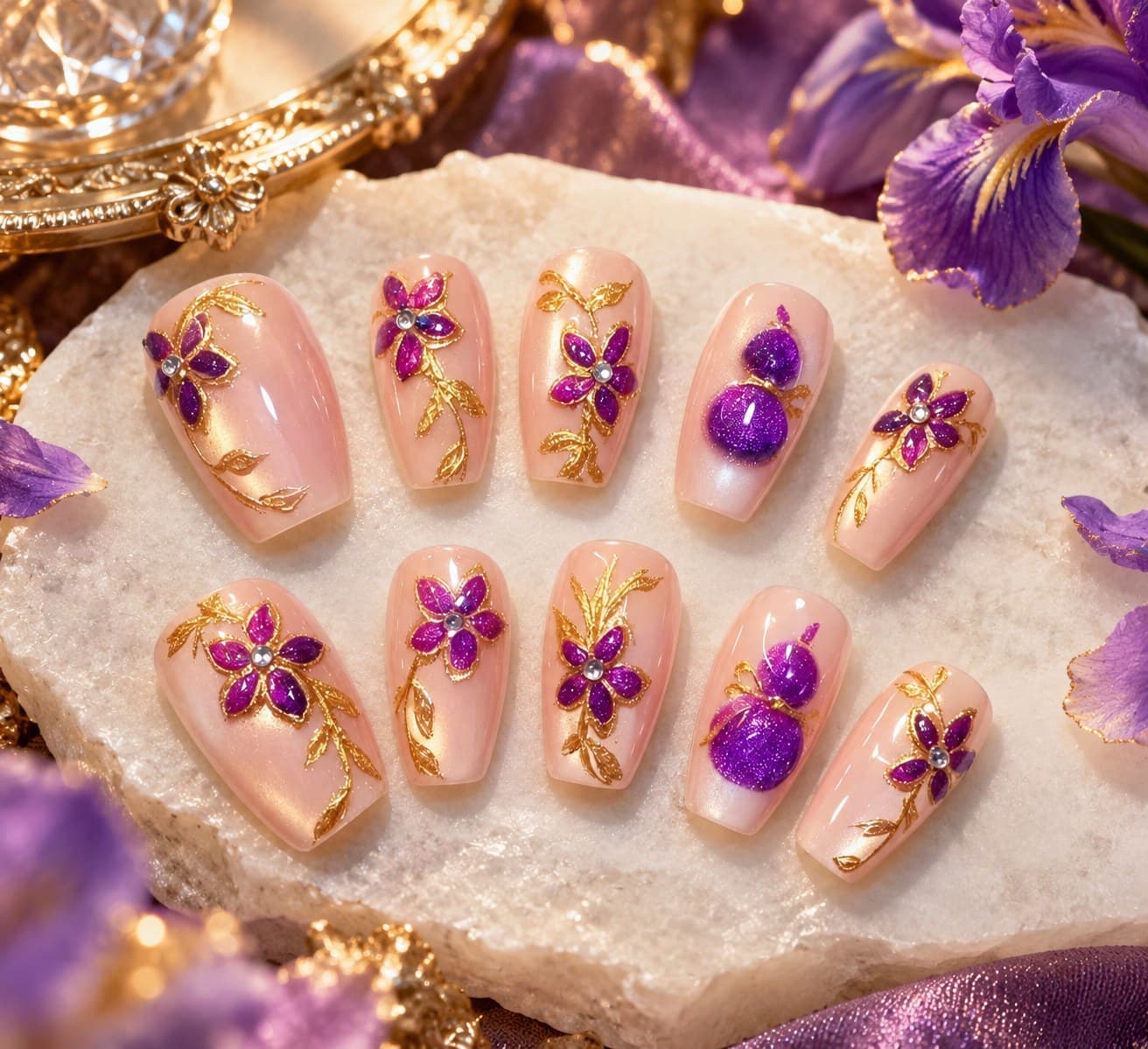Purple Iris Fortune Gourd Press-On Nails – 3D Hulu Charm & Gold Vine New Chinese Style | Handmade Nail Art image