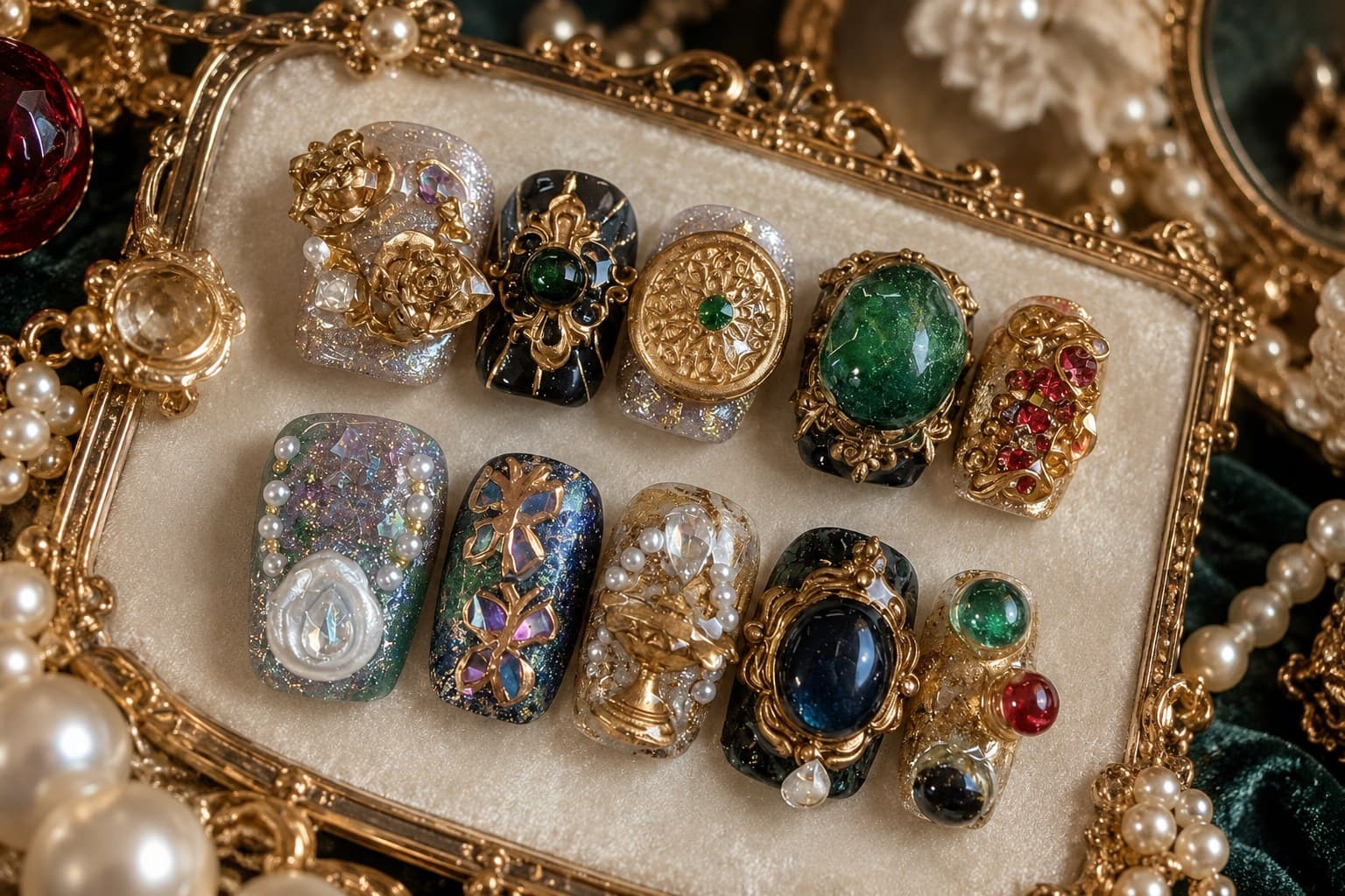 Gilded Baroque Gemstone Press-On Nails – Gold Filigree, Emerald Cabochon & Cameo Reliquary | Handmade Nail Art image