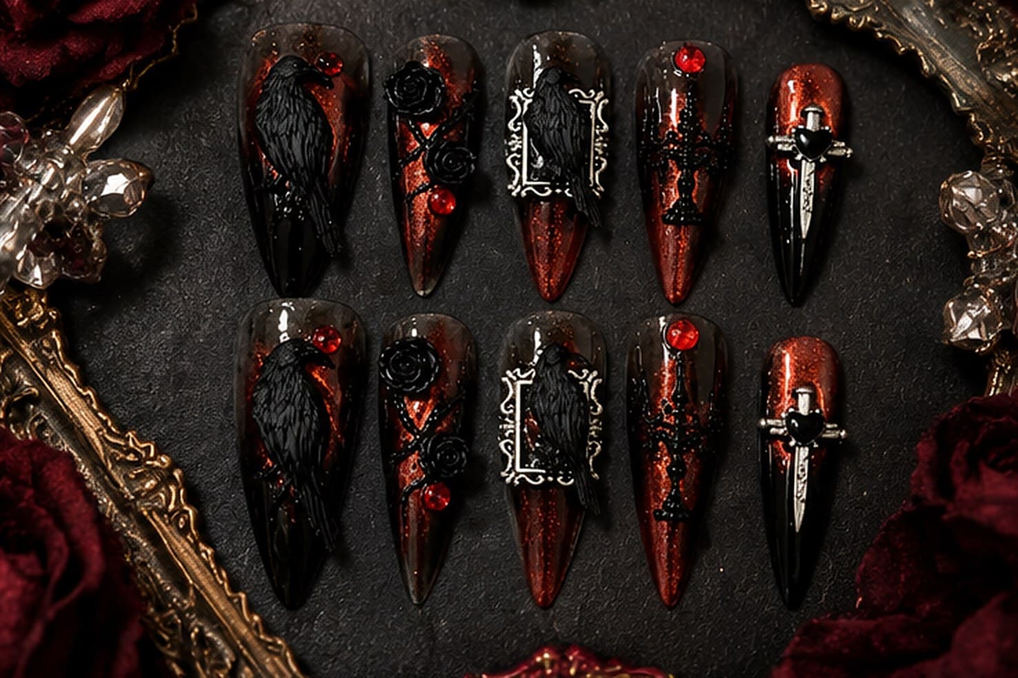 Gothic Wine Cat-Eye Raven Halloween Press-On Nails – Black Rose Baroque Stiletto | Handmade Nail Art image
