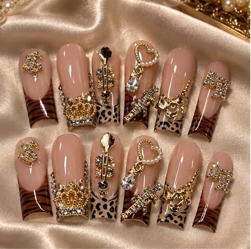 Heart & Crown Heavywork Leopard Duck Press-On Nails – Luxury Baddie 3D Charms | Handmade Nail Art image