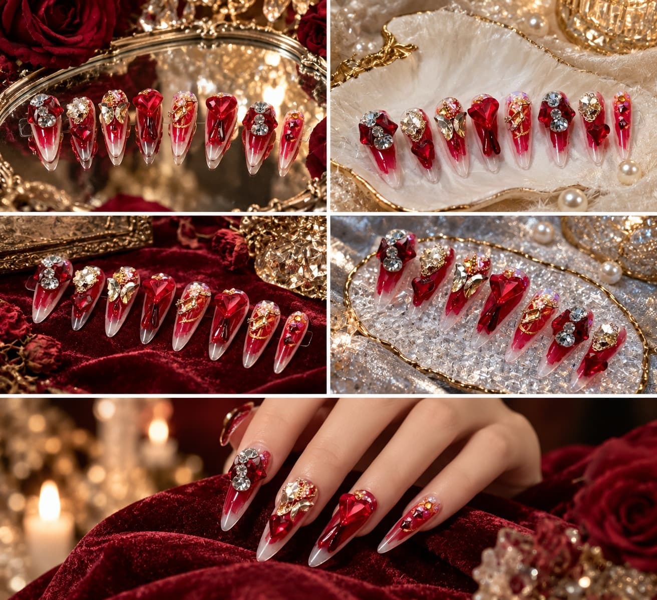 Raspberry Rose Manifesto Press-On Nails – Sheer Rose Jelly, Heart Zircon & Pavé Crystal | Handmade Nail Art image