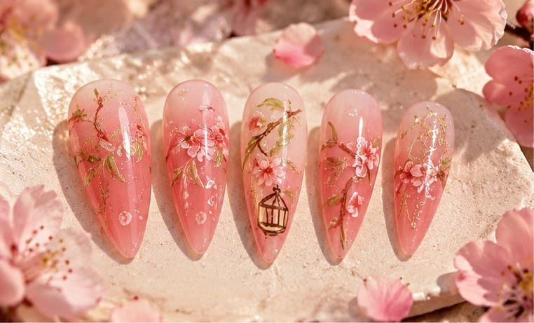 Peach Blossom Dynasty Press-On Nails – Hand-Painted Guofeng Blossoms & Gold Outline on Sheer Stiletto Water-Drops | Handmade Nail Art image