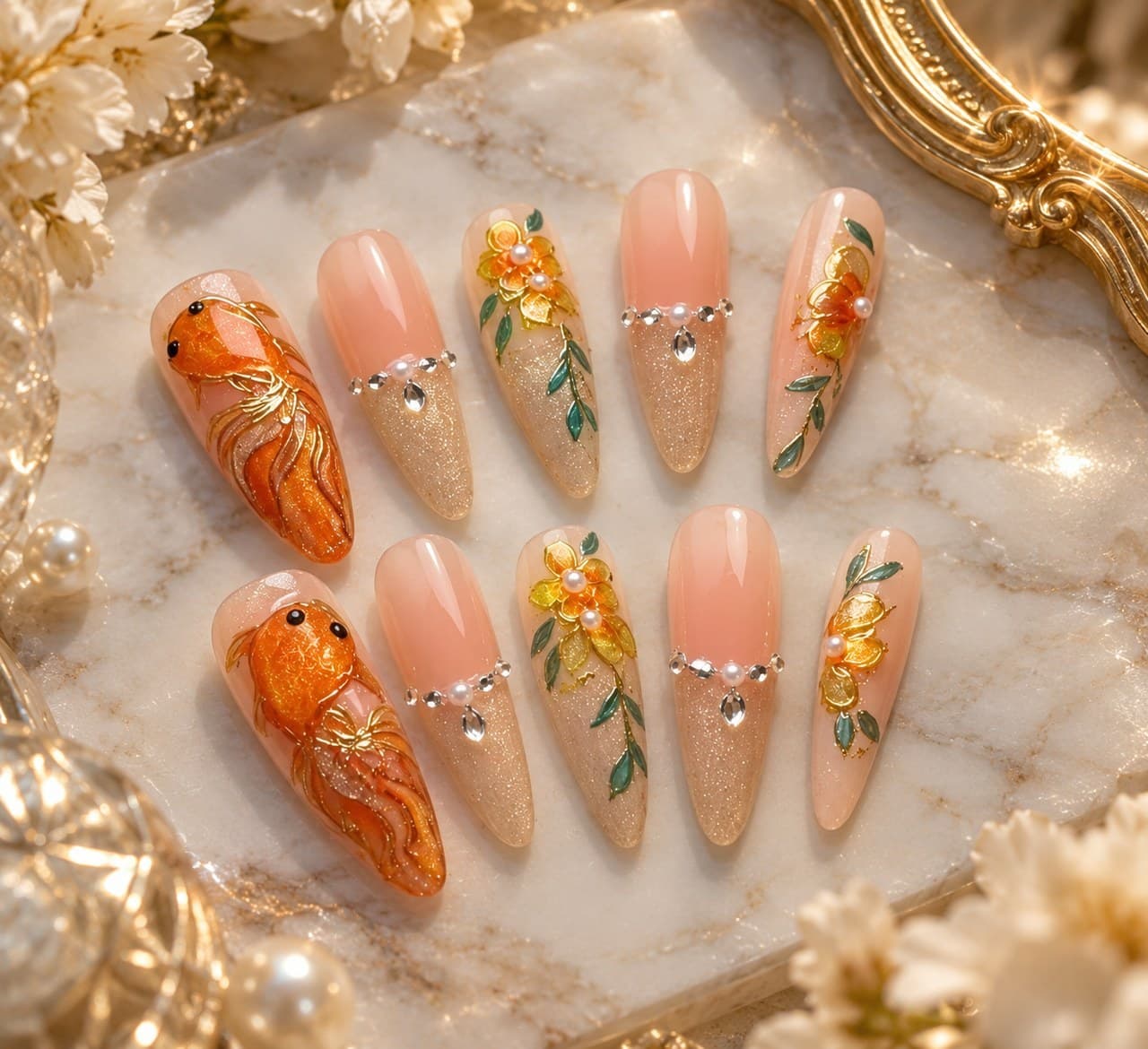 Gilded Koi Fortune Press-On Nails – Hand-Painted Gilded Koi on Nude-Pink Gradient Almond | Handmade Nail Art image