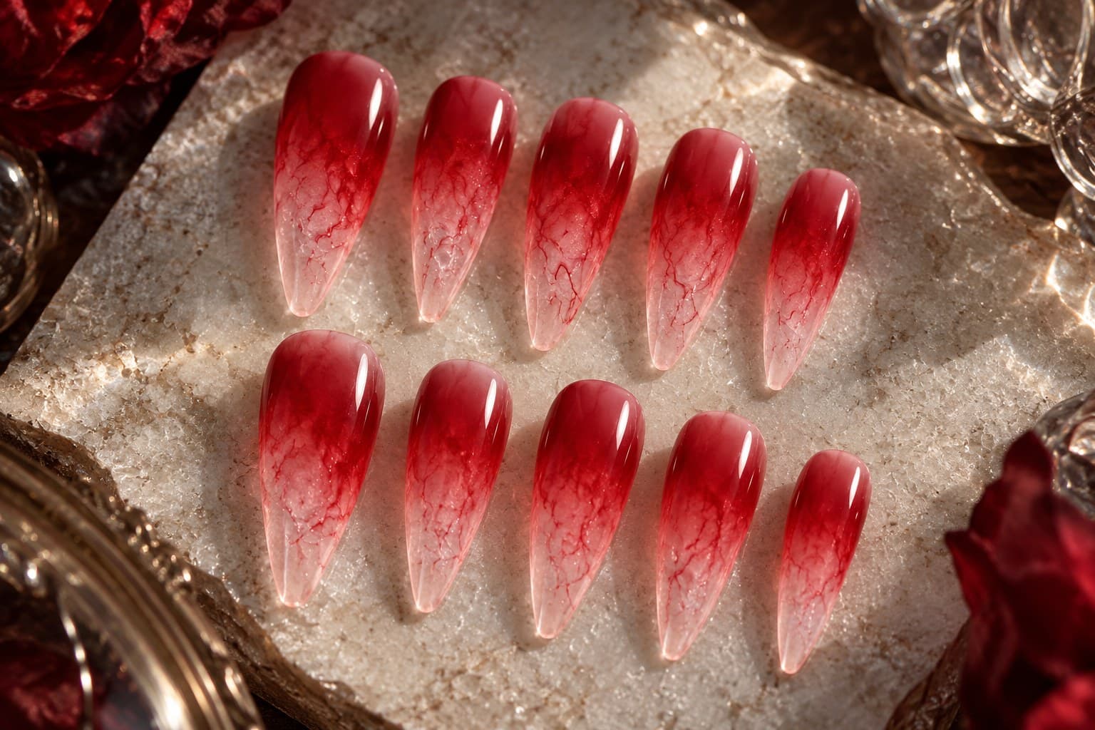 Ruby Drip Ombré Press-On Nails – Translucent Jelly Base, Wine-Red Marble Veins | Handmade Nail Art image