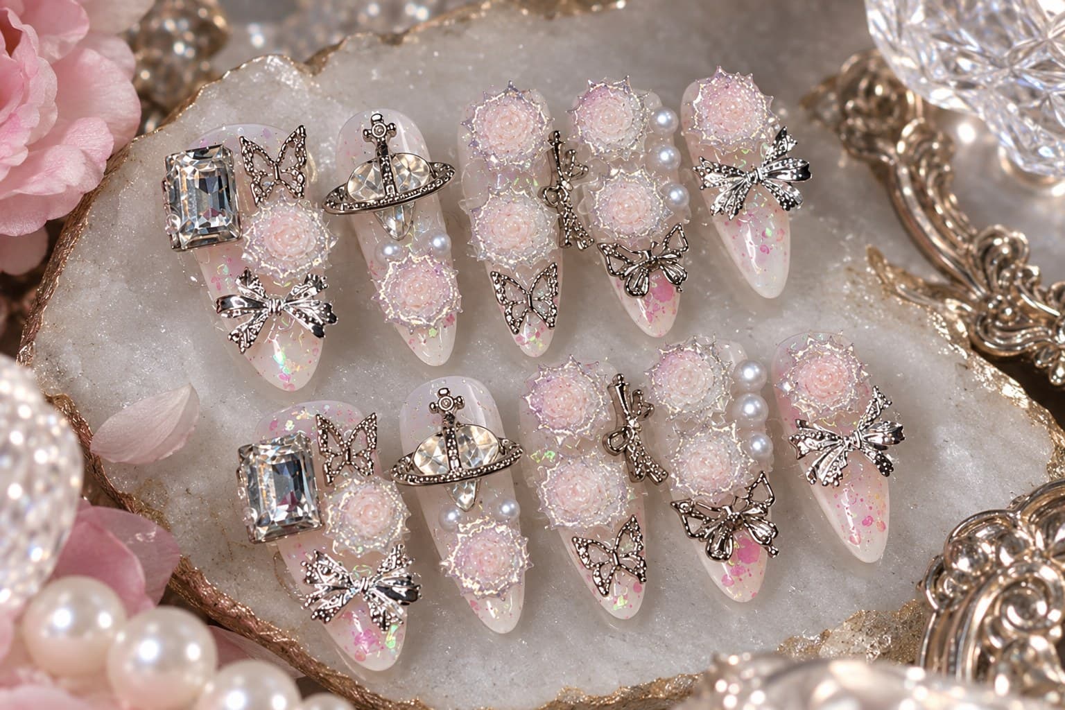 Saturn Orbit Camellia Press-On Nails – 3D Silver Planet Charms, Pearls & White Camellias | Handmade Nail Art image