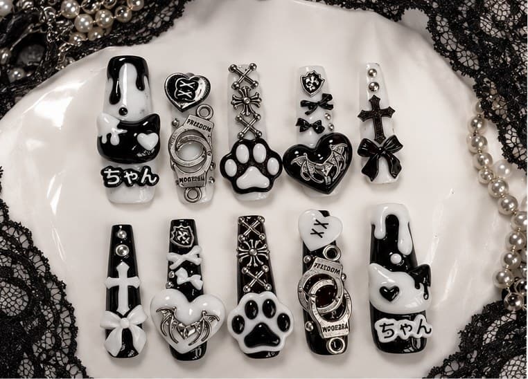 Sweet Mourning Black & White Gothic Press-On Nails – 3D Resin Drip Creepy-Cute Long Coffin | Handmade Nail Art image