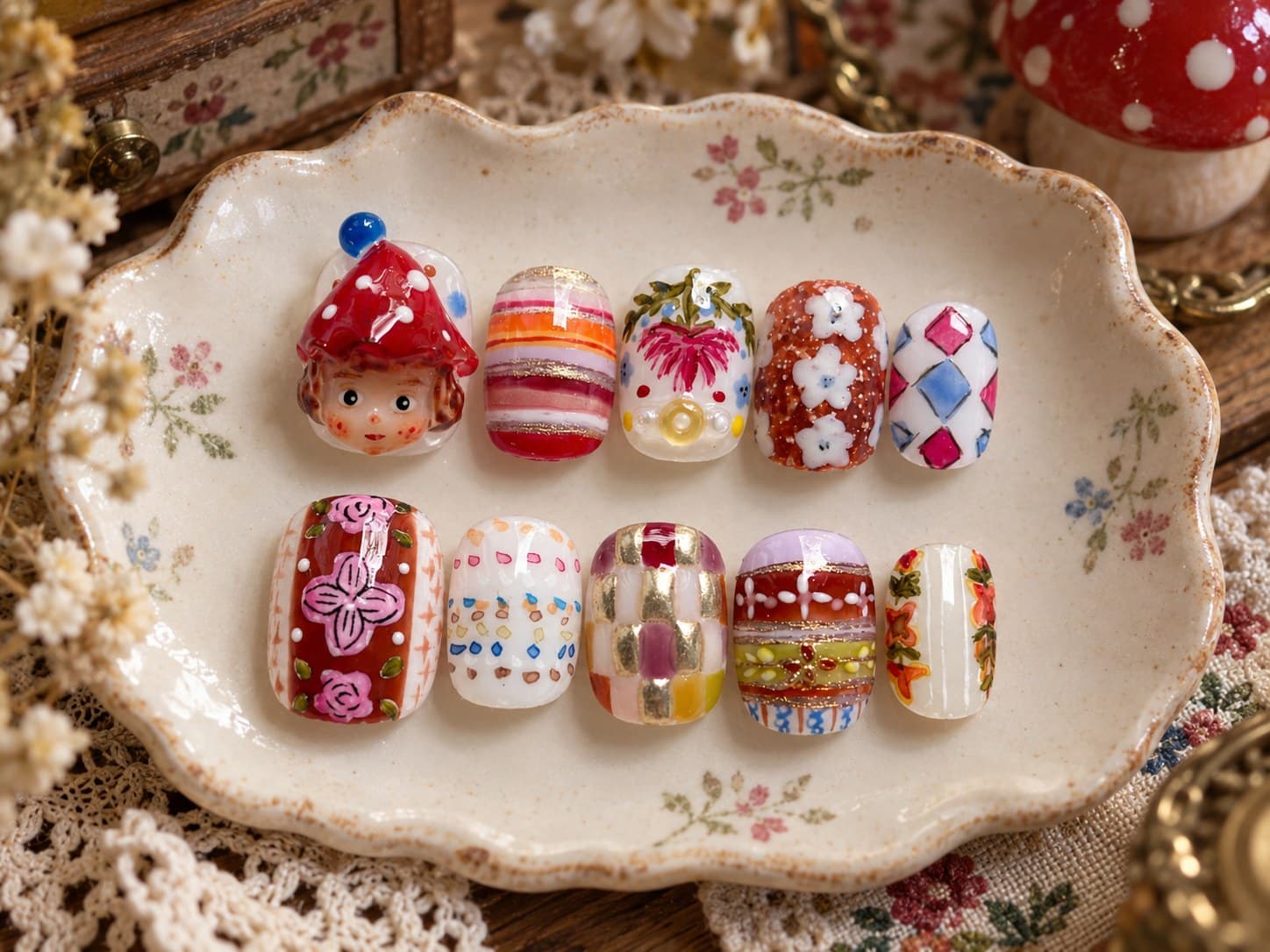 Squishy Cat-Eye Kawaii Press-On Nails – Grandmacore Mushroom Gnome, Quilt & Folk-Floral Patchwork | Handmade Nail Art image