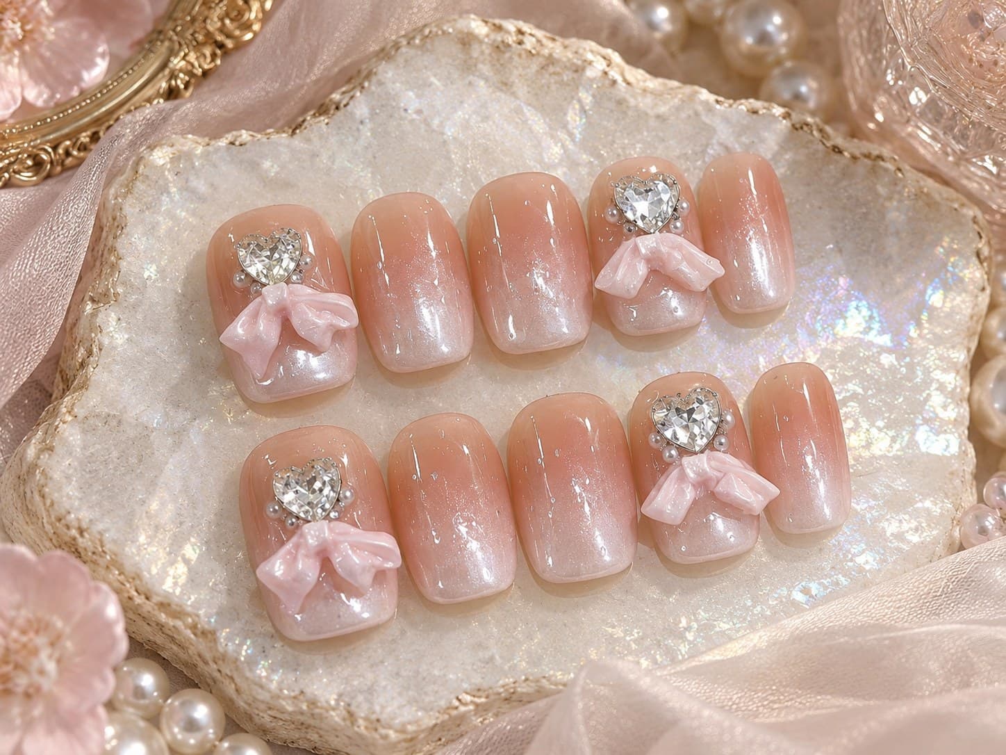Sweet Dream Aurora Bow Press-On Nails – Nude Gradient Satin Bows Zircon Short | Handmade Nail Art image