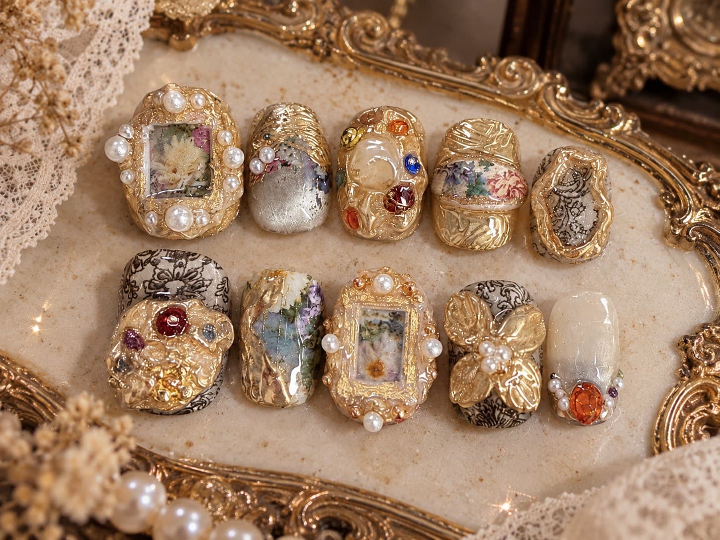 Vintage Relief Gemstone Press-On Nails – Baroque Cameo Frames, Pearl & Garnet Reliquary | Handmade Nail Art image
