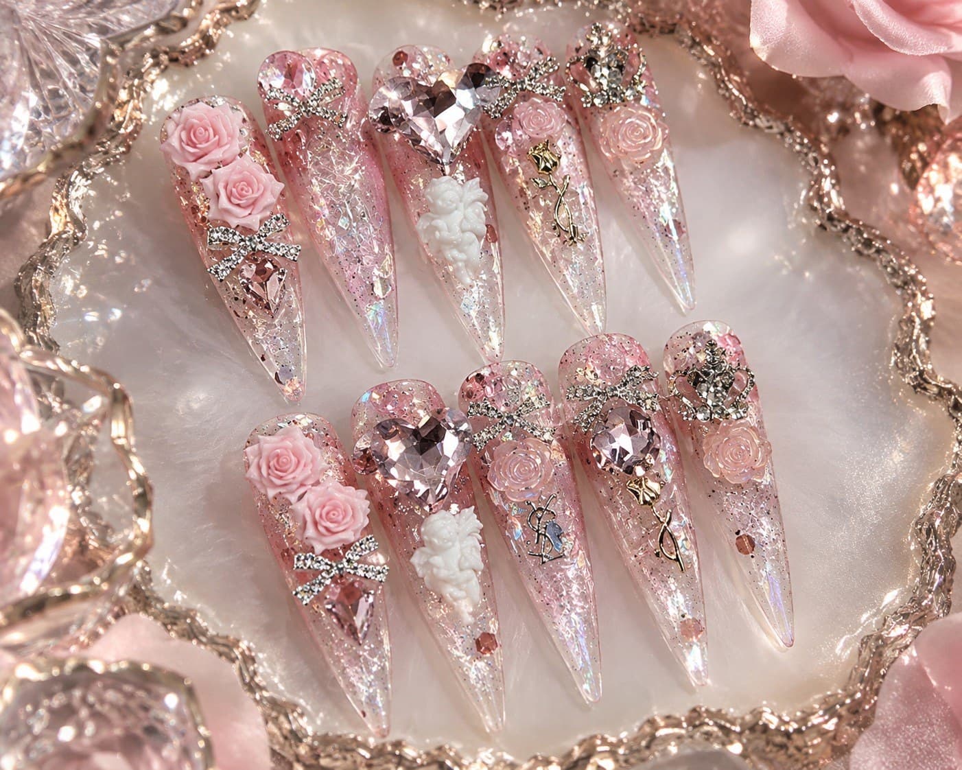 Glaze Shattered Ice Glass Crackle Press-On Nails – Fairy Cat-Eye Rosy Jelly Stiletto | Handmade Nail Art image