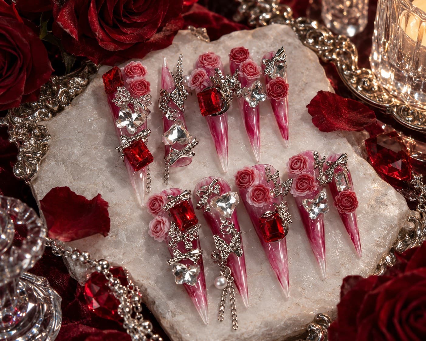 Blood Rose Chains Press-On Nails – Vampire Blood-Drip Ombré, 3D Burgundy Roses & Silver Chains | Handmade Nail Art image
