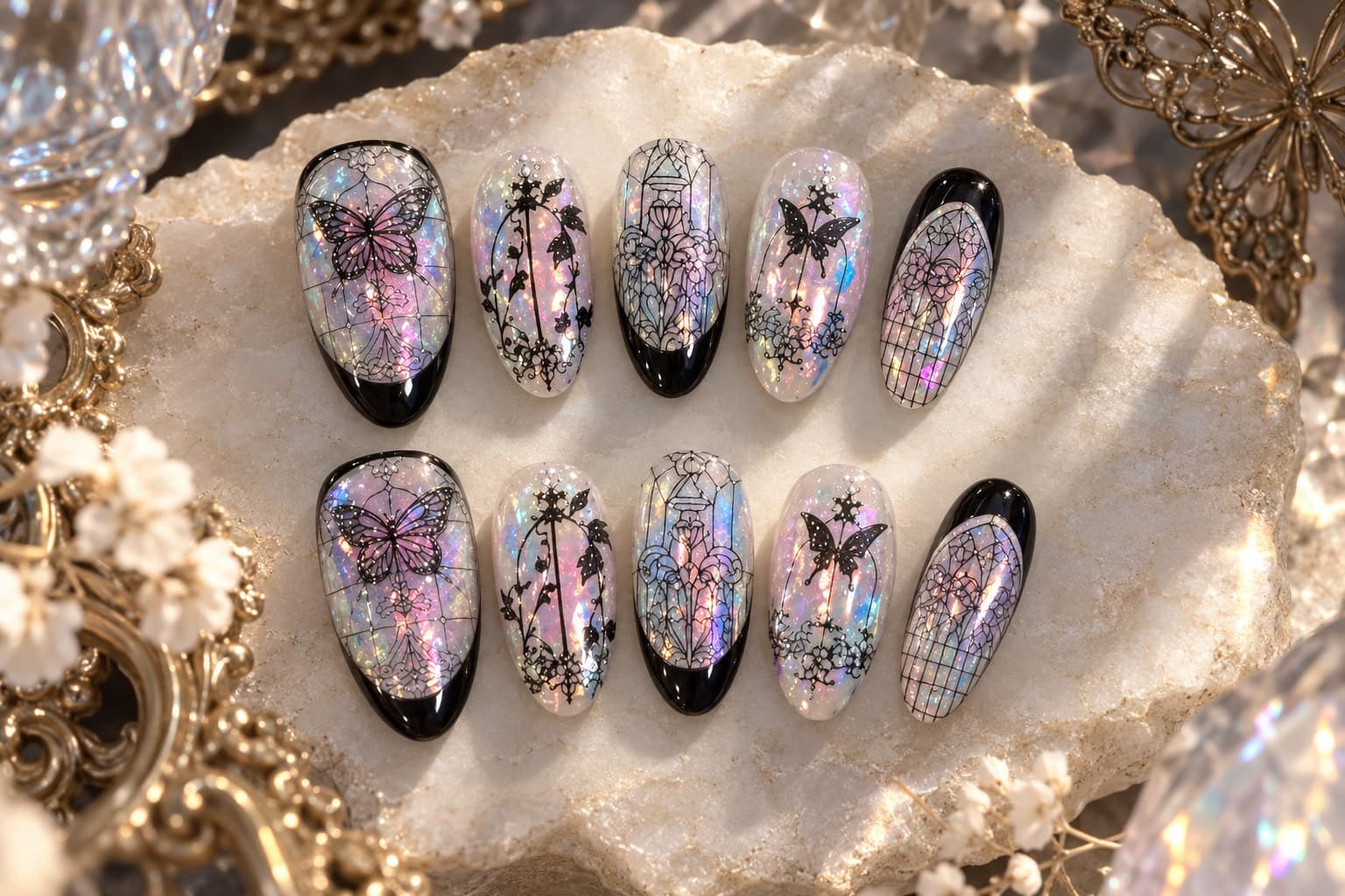Window-Flower Aurora Press-On Nails – Stained-Glass Butterfly & Black French Aurora Shimmer | Handmade Nail Art image